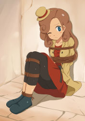  1girl arms_behind_back bdsm blue_eyes bondage bound bright_pupils brown_hair closed_mouth coat dress full_body hat jitan777 katrielle_layton layton&#039;s_mystery_journey level-5 long_hair mini_hat on_floor one_eye_closed open_clothes open_coat professor_layton red_dress sitting solo sweat  rating:Questionable score:10 user:490583345