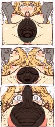  1girl bar_censor blonde_hair blush censored clitoris leopard_(artist) long_hair lying on_back open_mouth original penis pointless_censoring pussy simple_background spread_pussy sweat tongue tongue_out 