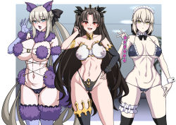  3girls animal_ears armlet artoria_pendragon_(alter_swimsuit_rider)_(fate) artoria_pendragon_(fate) bare_shoulders bikini black_bikini black_bow black_panties black_ribbon black_thighhighs blonde_hair blue_eyes blush bow bracelet braid breasts bridal_garter brown_hair cameltoe choker cleavage cleft_of_venus collarbone condom condom_packet_strip condom_wrapper cosplay covered_erect_nipples detached_sleeves earrings elbow_gloves fate/grand_order fate_(series) french_braid frilled_choker frills fur-trimmed_gloves fur-trimmed_legwear fur_collar fur_trim gloves gluteal_fold gold_trim grey_hair hair_bow hair_ribbon hand_on_own_hip highleg highleg_bikini highres hoop_earrings ishtar_(fate) jewelry lace lace-trimmed_legwear lace_trim large_breasts long_hair looking_at_viewer maid_headdress mash_kyrielight mash_kyrielight_(dangerous_beast) mash_kyrielight_(dangerous_beast)_(cosplay) mismatched_bikini morgan_le_fay_(fate) multiple_girls muta_poo navel neck_ring o-ring open_mouth panties parted_bangs ponytail purple_gloves purple_thighhighs red_eyes revealing_clothes ribbon sidelocks single_detached_sleeve single_thighhigh smile swimsuit tail thighhighs thighlet tiara two_side_up underwear very_long_hair wolf_ears wolf_tail wrist_cuffs yellow_eyes  rating:Questionable score:90 user:danbooru