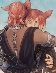  2boys animal_ears arm_wrap armlet black_robe blue_background cat_ears collar covered_mouth crystal_exarch crystallization facial_mark final_fantasy final_fantasy_xiv g&#039;raha_tia hatching_(texture) highres hug looking_at_viewer maeka_(kumaekake) male_focus material_growth metal_collar miqo&#039;te multiple_boys red_hair robe short_hair shoulder_blades simple_background slit_pupils surprise_hug surprised upper_body warrior_of_light_(ff14) wide-eyed 