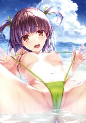 1girl :d absurdres blue_sky blunt_bangs blush breasts brown_eyes cameltoe cloud day green_one-piece_swimsuit green_slingshot_swimsuit hair_ribbon highres horizon island looking_at_viewer lying medium_breasts misaki_kurehito navel nipples ocean on_back one-piece_swimsuit open_mouth outdoors partially_submerged partially_visible_vulva purple_hair ribbon sky slingshot_swimsuit smile solo sparkle spread_legs strap_pull sunlight swimsuit thighs two_side_up water water_drop wet rating:Questionable score:52 user:danbooru