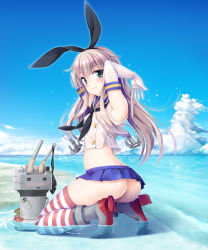  10s 1girl anchor_hair_ornament arms_up ass bad_hands black_panties blonde_hair blue_skirt blue_sky blush breasts cloud crop_top crop_top_overhang day dripping elbow_gloves from_side full_body gloves grey_eyes hair_ornament hairband highres kantai_collection kneeling light_smile long_hair looking_at_viewer looking_to_the_side microskirt midriff no_panties ocean outdoors panties partially_submerged rensouhou-chan sailor_collar school_uniform see-through serafuku shimakaze_(kancolle) shiny_skin shirt shore skindentation skirt sky sleeveless small_breasts solo sorairo_tsukiiro striped_clothes striped_thighhighs thighhighs turret underwear unworn_panties water wet wet_clothes wet_shirt white_gloves  rating:Questionable score:31 user:danbooru