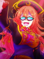 1girl :d black-framed_eyewear black_dress chinese_clothes crescent crescent_print dress highres junko_(touhou) moon_(ornament) open_mouth orange_hair panpi phoenix_crown phoenix_print red_tabard smile sunglasses tabard touhou wide_sleeves 