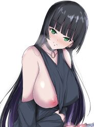  1girl black_hair breasts breasts_out clothes_pull flashing green_eyes highres huge_breasts jiseki long_hair looking_at_viewer naughty_face nipples pa-san pulled_by_self seductive_smile smile solo very_long_hair 