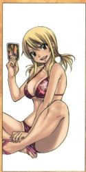 1girl bikini blonde_hair breasts brown_eyes card cleavage fairy_tail heart heart_print holding holding_card indian_style large_breasts legs crossed_legs lucy_heartfilia mashima_hiro nail_polish official_art print_bikini sandals sitting solo swimsuit thighs underboob rating:Questionable score:51 user:danbooru