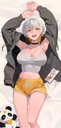  1girl armpits arms_up bed_sheet black_choker black_hoodie blonde_hair breasts cellphone choker cleavage colored_inner_hair commentary_request dakimakura_(medium) dolphin_shorts earrings feet_out_of_frame from_above grey_hair grey_tank_top hair_between_eyes highres hongcasso hood hoodie hoop_earrings jewelry korean_commentary large_breasts light_blush long_sleeves looking_at_viewer luvdia lying midriff multicolored_hair navel on_back open_clothes open_hoodie open_mouth panties panty_peek park_dona phone short_hair short_shorts shorts smartphone solo stuffed_animal stuffed_panda stuffed_toy tank_top teeth two-tone_hair underwear virtual_youtuber white_panties yellow_eyes yellow_shorts zipper zipper_pull_tab 