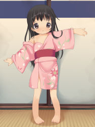  1girl absurdres anyannko bad_id bad_pixiv_id barefoot black_hair blush brown_eyes child feet frown highres japanese_clothes kimono long_hair off_shoulder original outstretched_arms pink_kimono solo spread_arms toes yukata  rating:Sensitive score:123 user:danbooru