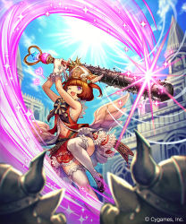 1girl 2boys ;d arms_up attack bare_arms bare_shoulders bell_tower black_bow black_footwear black_neckwear blouse blue_sky blunt_bangs blurry blurry_foreground bow bowtie brown_hair castle check_commentary club_(weapon) colored_skin commentary_request company_name cygames depth_of_field diffraction_spikes dress fake_horns fangs feathered_wings frilled_dress frilled_skirt frilled_thighhighs frills gem gloves glowing glowing_eye green_skin hat heart heart-shaped_pupils helmet holding horned_helmet horns jumping leg_up looking_at_viewer low_wings madogawa mary_janes medium_hair medium_skirt multiple_boys nail navel official_art one_eye_closed open_mouth photoshop_(medium) pig_nose prism_priestess_(shadowverse) purple_eyes red_shirt red_skirt shadowverse shirt shoes skirt sky sleeveless sleeveless_shirt smile sparkle sweatdrop symbol-shaped_pupils thighhighs two-handed two_side_up v-shaped_eyebrows weapon white_gloves white_hat white_shirt white_thighhighs white_wings winged_hat wings rating:Sensitive score:5 user:danbooru