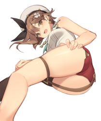 1girl :d ass atelier_(series) atelier_ryza atelier_ryza_2 bare_arms bare_shoulders beret black_thighhighs braid breasts brown_eyes brown_hair earrings fang hair_ornament hat jewelry key kildir looking_at_viewer medium_breasts micro_shorts open_mouth red_shorts reisalin_stout shirt shorts simple_background single_thighhigh sleeveless sleeveless_shirt smile solo thigh_strap thighhighs thighs white_background white_hat white_shirt rating:Sensitive score:18 user:danbooru