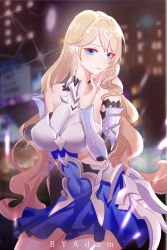  1girl absurdres arm_at_side armpit_crease artist_name bare_shoulders bianka_durandal_ataegina bianka_durandal_ataegina_(bright_knight:_excelsis) blonde_hair blue_dress blue_eyes blurry blurry_background breasts chinese_commentary cityscape commentary_request covered_navel cowboy_shot dress earrings eyelashes fingernails hair_between_eyes hand_on_own_cheek hand_on_own_face hand_up highres honkai_(series) honkai_impact_3rd jewelry large_breasts long_hair looking_at_viewer makeup mascara nail_polish parted_lips shiny_skin sidelocks sitting solo two-tone_dress very_long_hair white_dress white_nails zhuchengyuanjianzhen 