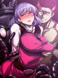 1990s_(style) 1boy 1girl bdsm black_beat blush bondage bound grabbing_another&#039;s_breast breasts character_request earrings covered_erect_nipples galaxy_luna grabbing hetero jewelry large_breasts naughty_face purple_hair robot tagme tentacles yuusha_series yuusha_shirei_dagwon rating:Questionable score:30 user:mrdie01