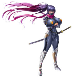  1girl akiyama_rinko aoi_nagisa_(metalder) bodysuit breasts breasts_squeezed_together cleavage_cutout clothing_cutout crossed_arms curvy hanging_breasts highres huge_breasts katana lilith-soft long_hair looking_at_viewer mask mouth_mask ponytail purple_scarf revealing_clothes scarf solo sword taimanin_(series) taimanin_rpgx taimanin_yukikaze very_long_hair weapon wide_hips  rating:Sensitive score:31 user:popotepopote