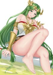  1girl bare_shoulders barefoot breasts feet female_focus green_eyes green_hair highres jewelry kid_icarus large_breasts looking_at_viewer matching_hair/eyes necklace nintendo palutena parted_lips solo thick_thighs thighs  rating:Explicit score:8 user:Tempest_104