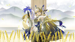 1girl absurdres arknights bai_shiro@ bare_shoulders beads belt blonde_hair blue_hair closed_mouth commentary_request dragon dragon_girl dragon_horns dragon_tail earrings eastern_dragon fantasy feet_out_of_frame grey_hair hair_intakes hand_up highres holding holding_sword holding_weapon horns jacket jewelry leaf light_smile long_hair long_sleeves looking_at_viewer multicolored_hair necklace off_shoulder open_clothes open_jacket pants plant pointy_ears shu_(arknights) sketch_background solo standing strapless sword tail tube_top very_long_hair weapon wheat white_belt white_jacket white_pants white_tube_top wind 