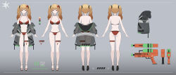  1girl anklet bare_shoulders bikini blonde_hair breasts brown_eyes character_sheet cleavage commentary_request design_speculation feet fenny_golden gradient_background hair_ornament heeri highres jacket jacket_partially_removed jewelry light_smile looking_at_viewer midriff multiple_anklets navel sandals simple_background snowbreak:_containment_zone swimsuit thigh_strap twintails water_gun 