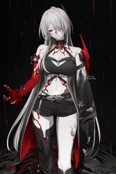  1girl 2024 acheron_(honkai:_star_rail) armor asymmetrical_footwear bandaged_leg bandages bare_shoulders belt black_belt black_coat black_gloves black_shorts blood bloody_tears body_markings boots breasts bright_pupils chinikuniku cleavage closed_mouth coat coattails collarbone colored_extremities cowboy_shot dated detached_sleeves earrings flower gloves hair_ornament hair_over_one_eye highres honkai:_star_rail honkai_(series) jewelry knee_boots large_breasts leg_tattoo looking_at_hand midriff navel official_alternate_color raining_blood red_anemone_flower red_eyes red_flower ripples shorts shoulder_armor sidelocks single_detached_sleeve single_glove single_knee_boot single_thigh_boot single_wide_sleeve solo standing tattoo thigh_boots thighs twitter_username wading white_pupils 