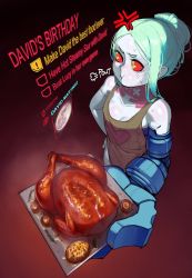  1girl anger_vein apron artificial_eye breasts checklist chicken_(food) colored_sclera colored_skin commentary cyberpunk_(series) cyberpunk_edgerunners cyborg english_commentary english_text food full_moon green_hair hair_bun hand_on_own_hip highres holding holding_plate krekkball krekkov leg_tattoo mechanical_arms mechanical_eye mechanical_hands moon nearly_naked_apron neck_tattoo oversized_forearms oversized_limbs petite pink_tattoo plate potato pout rebecca_(cyberpunk) red_eyes red_pupils red_sclera single_mechanical_arm small_breasts solo sweat tattoo white_skin  rating:Sensitive score:176 user:danbooru