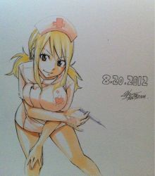 10s 1girl 2012 alternate_costume blonde_hair breasts brown_eyes dated fairy_tail hat heart large_breasts leaning_forward lucy_heartfilia mashima_hiro nurse nurse_cap official_art signature smile solo syringe tattoo traditional_media twintails rating:Sensitive score:61 user:danbooru