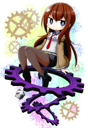  1girl black_footwear black_shorts blue_eyes blush boots breasts brown_hair brown_jacket brown_pantyhose closed_mouth collared_shirt commentary_request dress_shirt gears grey_shirt hair_between_eyes jacket long_hair long_sleeves makise_kurisu naga_u open_clothes open_jacket pantyhose pantyhose_under_shorts puffy_long_sleeves puffy_sleeves robot shirt short_shorts shorts sitting small_breasts solo steins;gate very_long_hair 