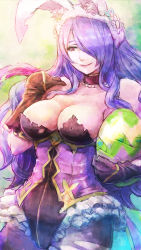  1girl animal_ears asukan bare_shoulders black_gloves breasts camilla_(fire_emblem) camilla_(spring)_(fire_emblem) choker cleavage easter easter_egg egg fake_animal_ears fire_emblem fire_emblem_fates fire_emblem_heroes gloves hair_over_one_eye highres holding large_breasts leotard lips long_hair nintendo pantyhose playboy_bunny purple_hair rabbit_ears solo torn_clothes torn_pantyhose very_long_hair wavy_hair  rating:Sensitive score:40 user:danbooru