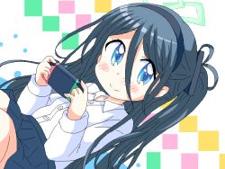  1girl aris_(blue_archive) blue_archive blue_eyes blue_hair commentary_request dark_blue_hair dutch_angle game_console geetsu hair_between_eyes hair_ornament headband looking_at_viewer playing_games school_uniform simple_background sitting smile solo split_mouth 