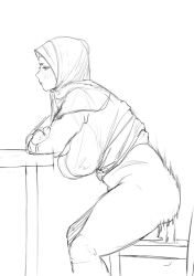  1girl chair dildo dildo_riding greyscale hijab monochrome no_panties no_pants sex_toy simple_background sketch table white_background yohohoho 