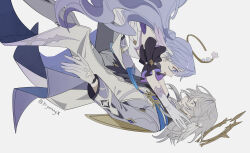  1boy 1girl absurdres blue_eyes brother_and_sister coat detached_sleeves dress falling feathered_wings gloves halo head_wings highres honkai:_star_rail honkai_(series) long_hair long_sleeves looking_at_another medium_hair open_mouth purple_hair purple_sleeves reaching reaching_towards_another robin_(honkai:_star_rail) siblings sideways_mouth spiked_halo sunday_(honkai:_star_rail) surprised white_background white_coat white_dress white_gloves white_hair wings yellow_eyes yuyouxing 