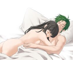  1boy 1girl ahoge ass astrid_(fire_emblem) bed bed_sheet black_hair breast_press breasts closed_eyes commission commissioner_upload completely_nude couple fire_emblem fire_emblem:_radiant_dawn girl_on_top green_hair hetero highres long_hair lying medium_breasts nintendo nude on_back pillow pomelomelon short_hair sideboob sleeping sothe_(fire_emblem) straight_hair  rating:Questionable score:26 user:danbooru
