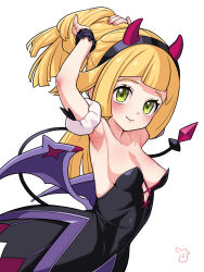  1girl adjusting_hair armlet armpits arms_up black_dress black_hairband blonde_hair blush breasts cleavage closed_mouth commentary_request cosplay creatures_(company) dress eyelashes fake_horns game_freak green_eyes hairband highres horns iris_(fall_2022)_(pokemon) iris_(fall_2022)_(pokemon)_(cosplay) iris_(pokemon) iris_(pokemon)_(cosplay) kinocopro lillie_(pokemon) long_hair medium_breasts nintendo pokemon pokemon_masters_ex pokemon_sm simple_background smile solo white_background wrist_cuffs  rating:Sensitive score:70 user:danbooru