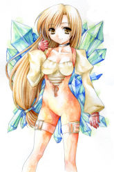  00s 1girl breasts brown_eyes brown_hair catsuit choker cleavage crystal female_focus final_fantasy final_fantasy_ix fragran0live garnet_til_alexandros_xvii gloves gradient_background long_hair painting_(medium) solo traditional_media watercolor_(medium) white_background 