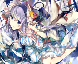 1girl barefoot blue_eyes coat crescent dress hat long_hair looking_at_viewer open_clothes open_coat patchouli_knowledge purple_hair saden_(magumo) smile solo striped_clothes striped_dress touhou very_long_hair white_dress wide_sleeves