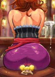 2girls alcohol angry ass back bare_arms bare_back bare_shoulders beer beer_mug blonde_hair chair cup curvy dragon&#039;s_crown drawfag head_rest huge_ass indoors long_hair mini_person minigirl mug multiple_girls pantylines bar_(place) purple_eyes red_hair sash short_hair sitting sitting_on_person skin_tight sorceress_(dragon&#039;s_crown) tiki_(dragon&#039;s_crown) v_arms wavy_mouth wide_hips rating:Sensitive score:191 user:danbooru