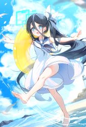  1girl absurdly_long_hair absurdres alternate_costume animal aris_(blue_archive) barefoot bird black_hair black_sailor_collar blue_archive blue_eyes blue_halo blush cloud cloudy_sky day dress full_body halo highres iop5509 long_hair ocean open_mouth outdoors outstretched_arms ringed_eyes sailor_collar side_ponytail sky sleeveless sleeveless_dress smile solo spread_arms toes very_long_hair water white_dress 
