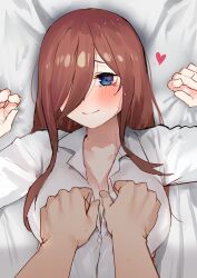  1girl amog blue_eyes blush breasts brown_hair cleavage closed_mouth collared_shirt eyebrows_hidden_by_hair eyelashes furrowed_brow go-toubun_no_hanayome hair_over_one_eye hands_up happy heart highres large_breasts long_hair long_sleeves looking_at_viewer lying nakano_miku on_back shirt sidelocks smile solo_focus sweat undressing_another upper_body white_shirt  rating:Sensitive score:70 user:danbooru