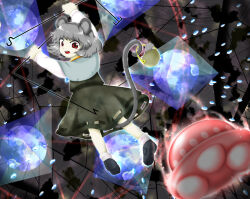  1girl animal_ears basket black_dress black_footwear capelet danmaku dowsing_rod dress grey_capelet grey_hair grey_tail holding long_sleeves looking_back medinki mouse_(animal) mouse_ears mouse_girl mouse_tail nazrin official_style open_mouth red_eyes shoes short_hair socks solo tail tail_raised teeth touhou ufo upper_teeth_only white_socks zun_(style) 