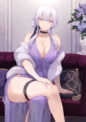 1girl bare_shoulders breasts cattleya_(hijiri_kishi_sonia-san) choker cleavage closed_mouth collarbone couch crossed_legs dress feet_out_of_frame flower highres indoors large_breasts looking_at_viewer mashuu_(neko_no_oyashiro) medium_hair nail_polish off_shoulder original pillow purple_choker purple_dress purple_eyes purple_hair purple_nails sitting smile solo thigh_strap vase