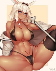 1girl absurdres animal_ears artist_name bikini black_bikini black_hairband black_thighhighs blue_eyes body_markings breasts caenis_(fate) cleft_of_venus closed_mouth commentary_request dark-skinned_female dark_skin dog_tags fate/grand_order fate_(series) hairband highres jacket large_breasts looking_at_viewer navel short_hair sitting solo swimsuit thighhighs vana white_hair white_jacket rating:Questionable score:67 user:danbooru