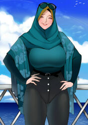  absurdres belt breasts glasses highres hijab jnsdh large_breasts looking_at_viewer mature_female pants tight_clothes tight_pants  rating:General score:20 user:Torando340