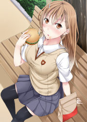  1girl aged_up alternate_hair_length alternate_hairstyle bench blush breasts brown_eyes brown_hair brown_sweater brown_sweater_vest brown_vest burger day eating feet_out_of_frame food food_on_face from_above from_side grey_skirt hair_between_eyes hand_up holding holding_food kaeru_no_ashi large_breasts long_hair looking_at_viewer looking_to_the_side looking_up misaka_mikoto open_mouth outdoors park_bench perspective pleated_skirt school_uniform shirt short-sleeved_shirt short_sleeves sitting skirt solo sweater sweater_vest t-shirt thighhighs toaru_kagaku_no_railgun toaru_majutsu_no_index tokiwadai_school_uniform vest white_shirt  rating:Sensitive score:16 user:danbooru