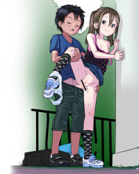 1boy 1girl :o after_vaginal aftersex against_wall backpack bag bar_censor black_camisole black_hair black_shirt black_socks blue_footwear blue_shirt blue_skirt blush brown_hair camisole censored child_on_child closed_eyes closed_mouth clothed_sex clothes_lift clothes_pull collarbone cum cum_in_pussy cum_on_penis decensored denim denim_skirt flat_chest full_body green_shorts grey_eyes grey_footwear hair_between_eyes has_uncensored_version heart heart_(symbol) heart_print heart_socks hetero highres kneehighs leg_lift loli moon moon_print mosaic_censoring multicolored_camisole multicolored_footwear multicolored_kneehighs multicolored_shirt multicolored_socks nipples open_mouth original outdoors panties panties_around_leg penis polka_dot polka_dot_camisole polka_dot_shirt print_camisole print_kneehighs print_panties print_shirt print_socks print_underwear pussy sex shirt shirt_lift shoes shorts shorts_pull shota skirt skirt_lift smile sneakers socks spaghetti_strap standing standing_sex star_(symbol) star_panties star_print strap_slip sweat t-shirt tan tanline third-party_edit twintails uncensored underwear underwear_around_leg unmaker unworn_backpack unworn_bag velcro velcro_footwear white_footwear white_panties rating:Explicit score:458 user:Dweenie