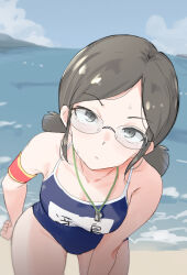  1girl armband armpits bare_arms bare_legs bare_shoulders beach black_hair blue_one-piece_swimsuit blue_sky blush girly_face glasses highres idolmaster idolmaster_cinderella_girls looking_at_viewer one-piece_swimsuit ponytail saejima_kiyomi school_swimsuit short_hair sky sweat swimsuit unu_(unucence) whistle whistle_around_neck  rating:General score:12 user:NHOSXRON