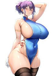  absurdres arm_at_side arm_up black_thighhighs blue_dress blush breasts china_dress chinese_clothes covered_erect_nipples covered_navel crossed_bangs curvy dress gloves groin hair_between_eyes highres huge_breasts looking_at_viewer original parted_lips purple_hair ranhatu red_eyes short_hair simple_background standing taut_clothes taut_dress thighhighs thighs white_background white_gloves wide_hips 