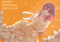 1girl bare_arms bare_shoulders breasts brown_hair choker collarbone colored_inner_hair commentary covered_mouth dated dress earrings floral_background flower freshd_0325 full_body hair_between_eyes hair_down happy_birthday holding holding_flower jewelry large_breasts lily_(flower) long_hair looking_at_viewer multicolored_hair murosaki_miyo nail_polish onii-chan_wa_oshimai! orange_background petals red_eyes red_hair ribbon simple_background sitting solo strapless strapless_dress two-tone_hair white_ribbon wrist_ribbon yellow_choker yellow_dress yellow_nails rating:General score:4 user:danbooru
