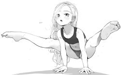  1girl arm_support ass athletic_leotard bad_id bad_twitter_id barefoot covered_navel feet forehead greyscale gymnastics inactive_account kneepits leaning_forward legs legs_up leotard loli long_hair masuda_(yousaytwosin) monochrome open_mouth original simple_background sketch soles solo spread_legs toes white_background  rating:Sensitive score:400 user:danbooru