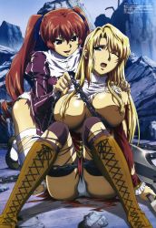  2girls absurdres andou_masahiro areola_slip blonde_hair boots breasts chain cleavage convenient_censoring cross-laced_footwear freezing_(series) genessa_roland hair_over_breasts highres lace-up_boots large_breasts long_hair megami_magazine multiple_girls non-web_source official_art one_eye_closed open_mouth panties red_hair satellizer_el_bridget thighhighs topless torn_clothes twintails underwear very_long_hair weapon wink  rating:Questionable score:119 user:danbooru