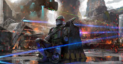  3others absurdres aircraft ambiguous_gender armor battle building burning cannon commentary dust_514 energy energy_beam eve_online flying glowing gun helmet highres holding holding_gun holding_weapon hughebdy laser multiple_others outdoors projectile_trail reflection reflective_water science_fiction smoke spacecraft stairs thrusters vtol weapon 