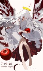  1girl 218_(niiya) angela_(project_moon) apple bare_legs blood blood_in_hair blood_on_clothes blood_on_face closed_mouth dress food fruit halo highres holding holding_food holding_fruit library_of_ruina long_hair looking_at_viewer project_moon red_dress red_eyes simple_background smile solo two-sided_dress two-sided_fabric very_long_hair white_background white_hair white_wings whitenight_(project_moon) wings 