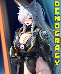  1girl animal_ear_fluff animal_ears armor black_gloves black_leotard blurry blurry_background breasts chest_armor covered_navel discordia_(vtuber) english_text eyes_visible_through_hair fox_ears fox_girl fox_tail gloves grey_hair hair_over_one_eye helldivers_(series) helmet highres holding holding_helmet indie_virtual_youtuber insignia large_breasts leotard long_hair mole mole_on_breast open_mouth ponytail red_eyes second-party_source shadow shoulder_armor solo tail unworn_headwear whitewaffle  rating:Sensitive score:25 user:danbooru