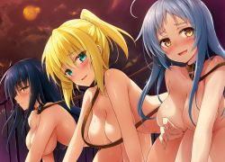 3girls ahoge all_fours aqua_eyes bdsm black_hair blonde_hair blue_hair blush breasts brown_eyes collar convenient_censoring exhibitionism hair_ornament hair_over_breasts highres large_breasts leash long_hair multiple_girls non-web_source nude oozora_itsuki pet_play ponytail public_indecency sidelocks slave smile sweat yellow_eyes rating:Questionable score:60 user:danbooru