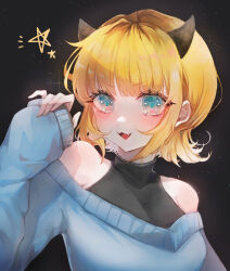 1girl :3 absurdres bare_shoulders black_background blonde_hair blue_eyes blue_sweater blush breasts cleavage commentary_request covered_collarbone demon_horns fake_horns fang highres horns light_particles looking_at_viewer mem-cho multicolored_hair off-shoulder_sweater off_shoulder open_mouth oshi_no_ko partial_commentary roots_(hair) see-through see-through_cleavage short_hair sidelocks smile solo sweater tuatua1116 upper_body rating:General score:4 user:danbooru